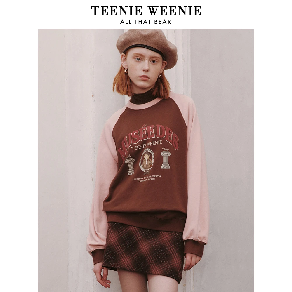 TeenieWeenie小熊2023秋学院风撞色圆领宽松卫衣上衣TTMA23J806N