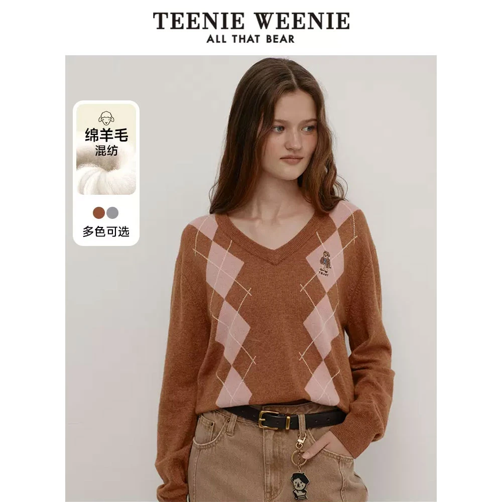 TeenieWeenie小熊24绵羊毛混纺V领学院菱形格针织衫女TTKW247812N