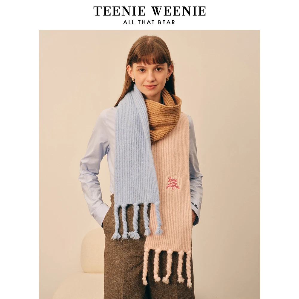 TeenieWeenie小熊2023年冬新款蓬松保暖围巾撞色格纹TTAM238V06N