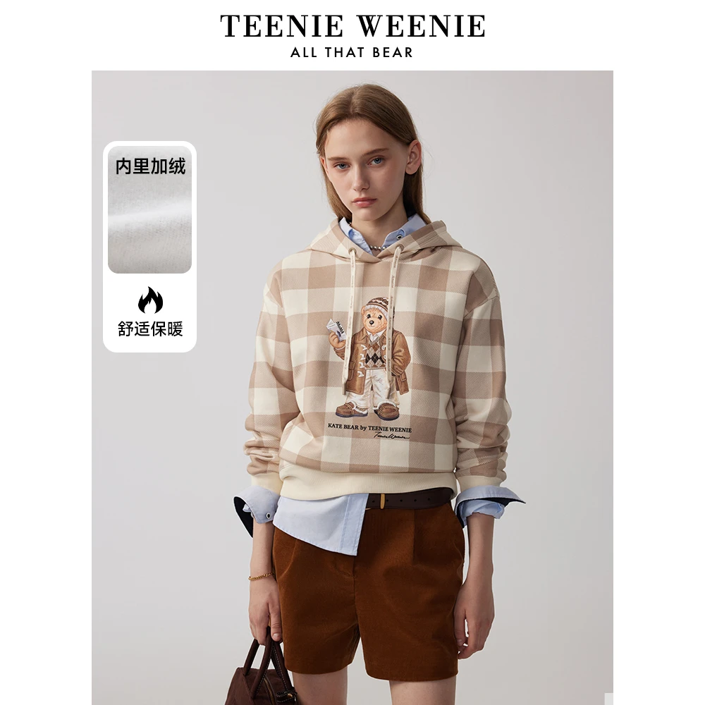 TeenieWeenie小熊24年格纹连帽卫衣重工图案上衣女装TTMW244T03W