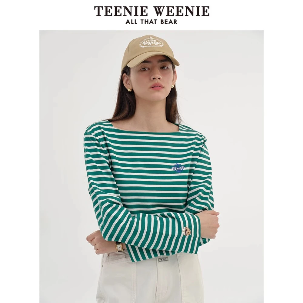 TeenieWeenie小熊24年别致船领白色条纹长袖T恤打底衫TTLA246308N