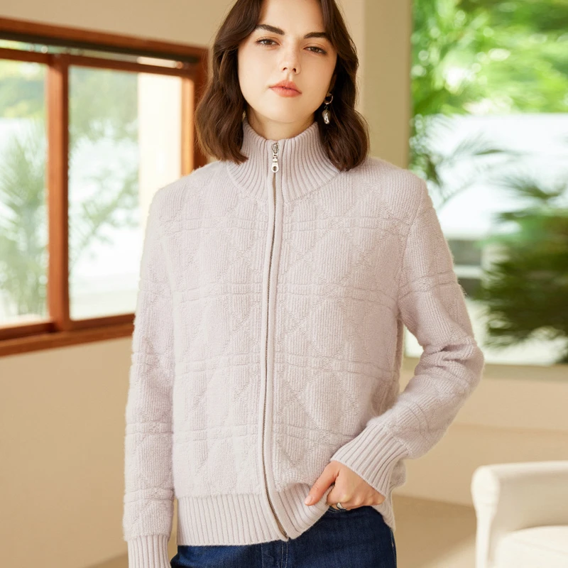 贝诺羊绒秋冬新款时尚宽松百搭女款拉链羊绒开衫针织休闲宽松加厚