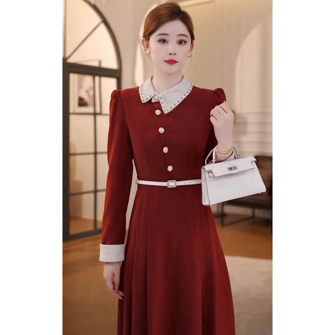 【嘉嘉JIANG】枫叶书签 法式钉钻带腰带气质连衣裙 CC234L1102