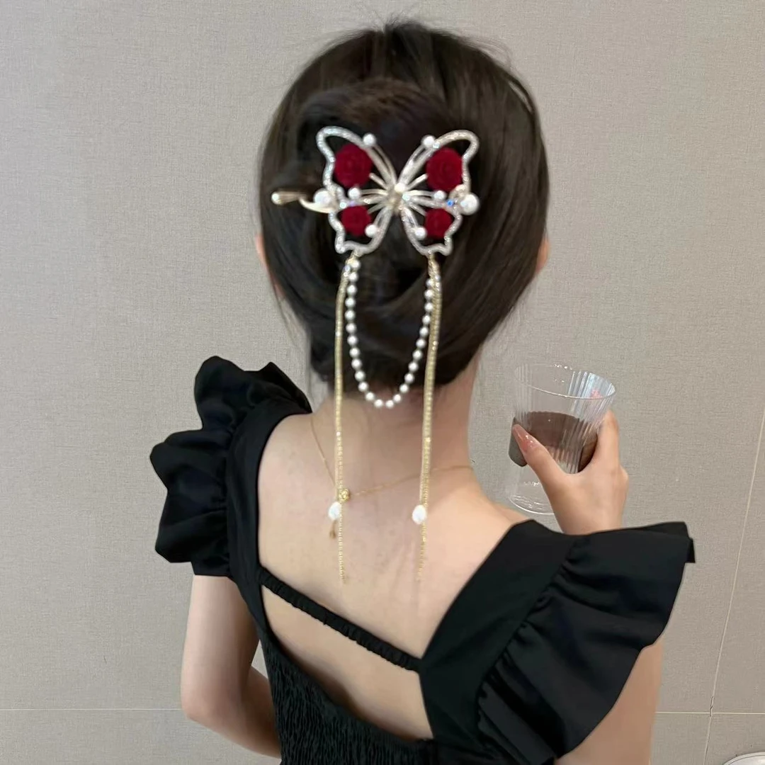 锌合金发饰古风红色流苏花朵扭扭夹发夹气质女新中式后脑勺头饰