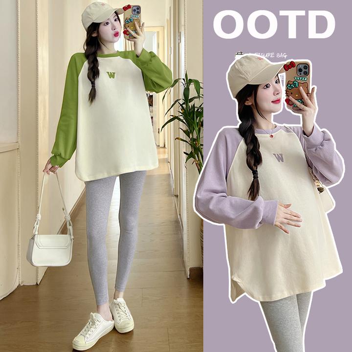 孕妇装秋装套装时尚显瘦遮肚卫衣中长款拼色打底上衣卫衣两件套