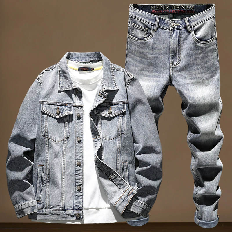 浅蓝牛仔套装男秋款潮流2件套学生青年衣服韩版成套搭配牛仔大码