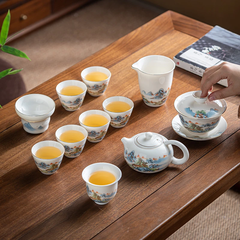 高档玉瓷溪山访友图整套装精工西施壶简约家用精致釉下彩功夫茶具
