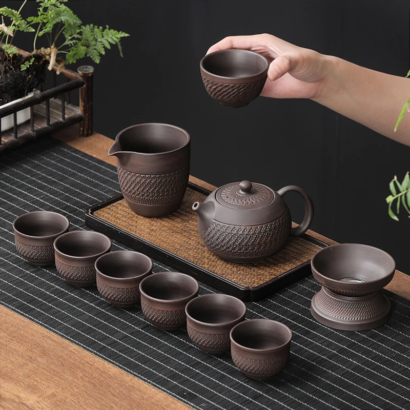 瓷文阁紫陶功夫茶具套装家用客厅简约复古泡茶杯陶瓷高端紫砂盖碗