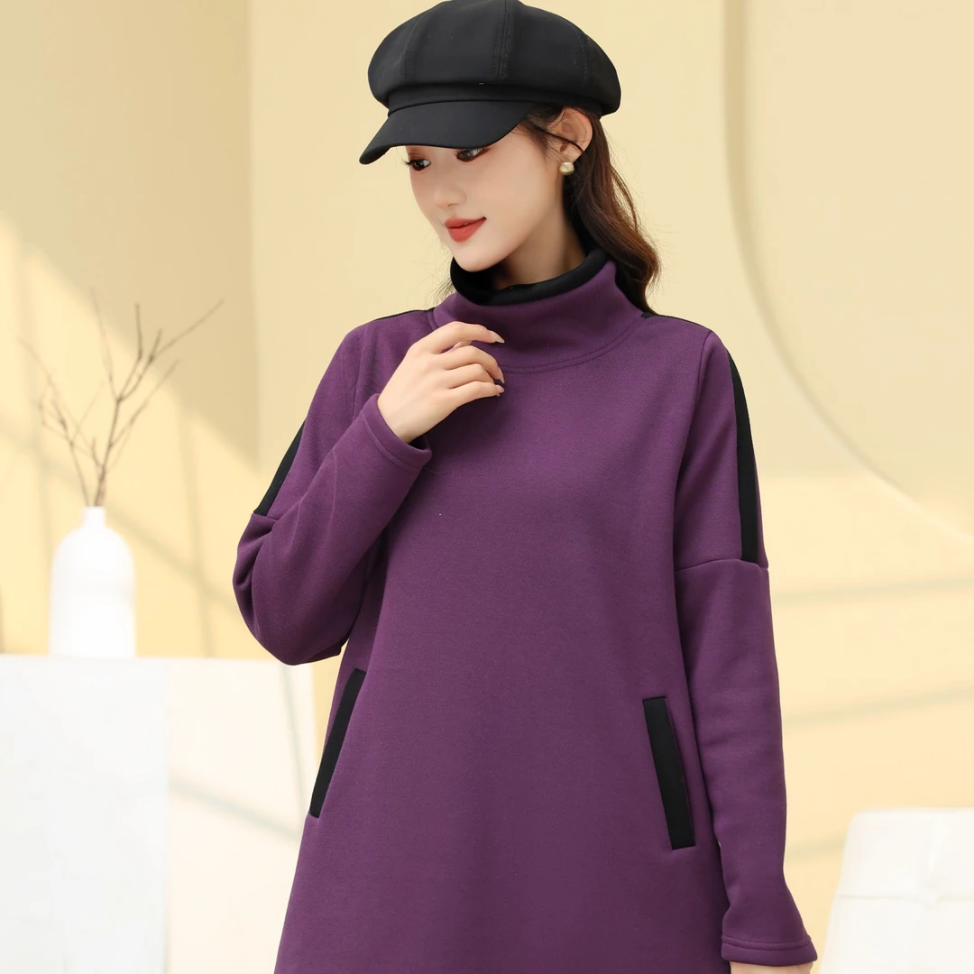 009半高领卫衣加绒加厚中长款百搭保暖宽松休闲时尚长袖打底纯色