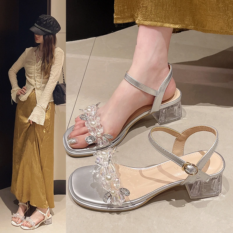 2025新款夏季水钻粗跟凉鞋时尚百搭仙女风一字带配裙子透明水晶鞋