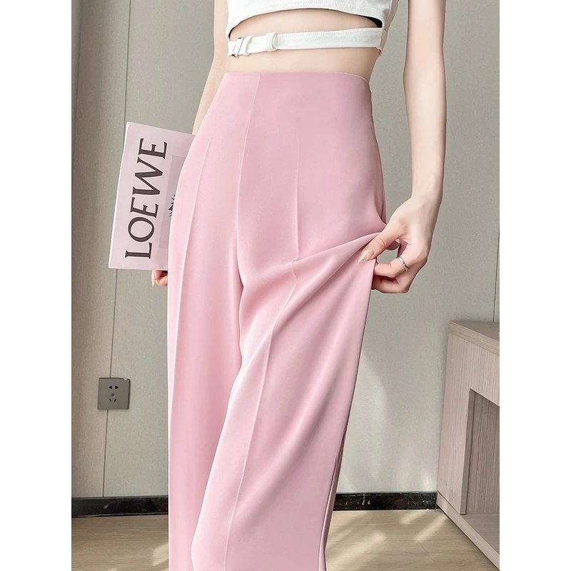 粉色高级感微喇西装裤子女夏季薄款高腰显瘦冰丝垂感喇叭阔腿裤