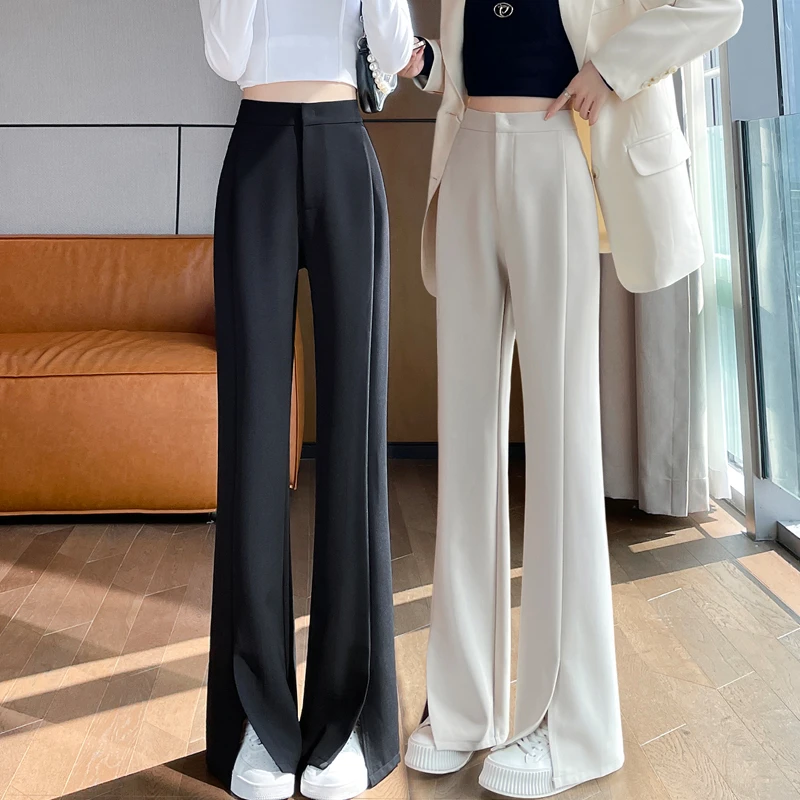 开叉西装裤女2024春秋新款高腰显瘦垂感窄版阔腿裤微喇直筒拖地裤