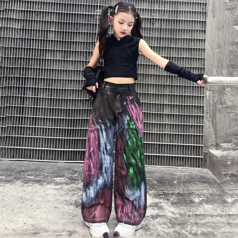 女童牛仔裤春秋韩系潮酷个性手绘涂鸦直筒阔腿裤小众设计休闲裤潮