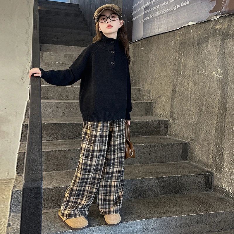 女童秋装2024新款韩版洋气中大童套头毛衣针织衫儿童阔腿裤两件套