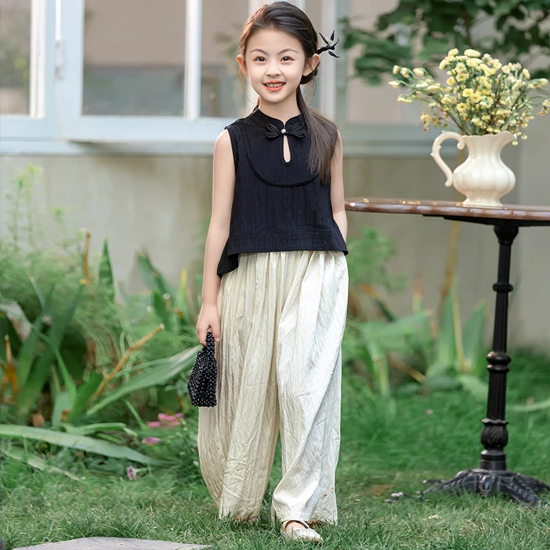 女童国风套装2024夏季新款6-12岁15岁新中式无袖复古设计感两件套