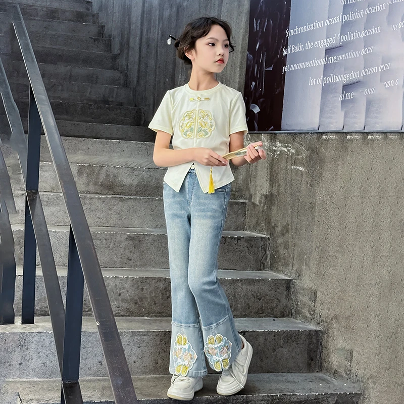 女童牛仔裤2024春夏6-12岁15岁新中式短袖两件套女大童国风套装潮