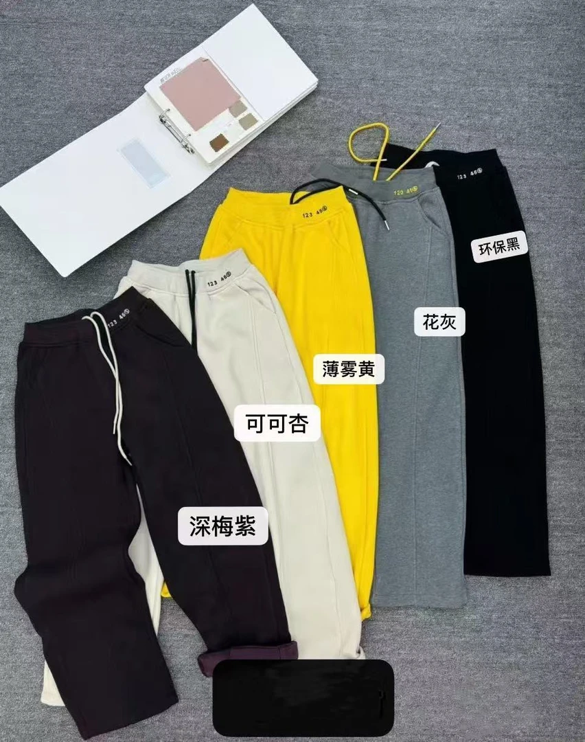 恒鑫安拼接松紧腰抽绳数字加绒阔腿弯刀休闲裤-96060