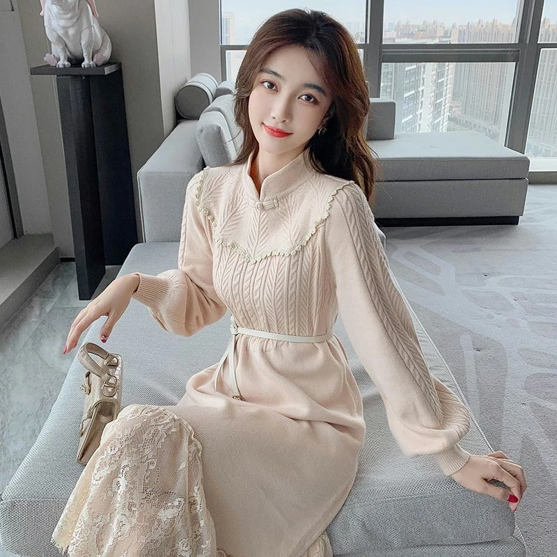 2023秋冬季新款针织毛衣连衣裙女气质减龄复古打底内搭改良连衣裙