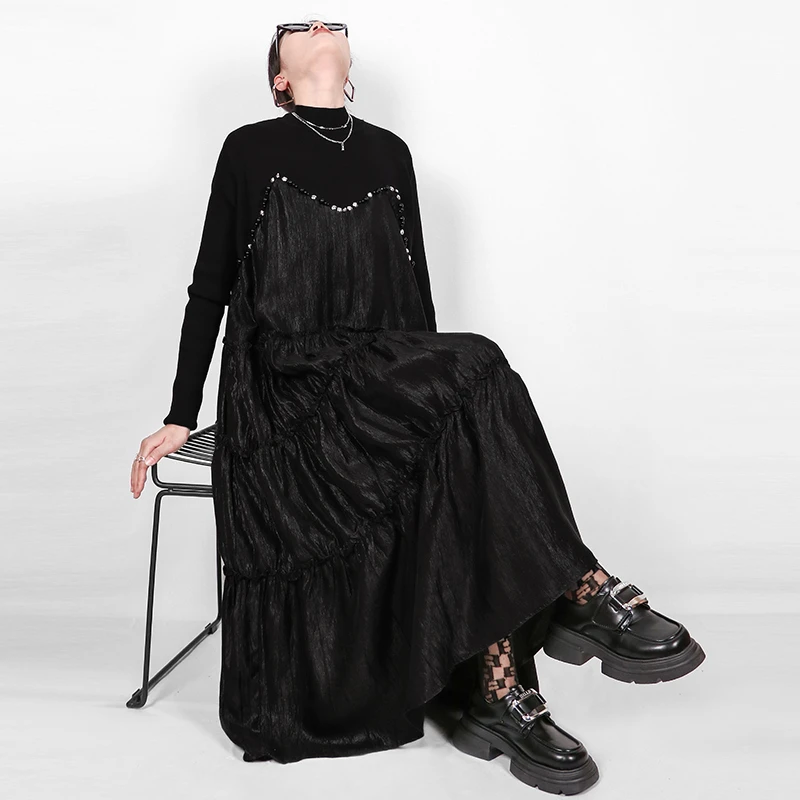 山本暗黑风衣服女微胖mm中高领连衣裙秋季女高档气质独束拼接高端