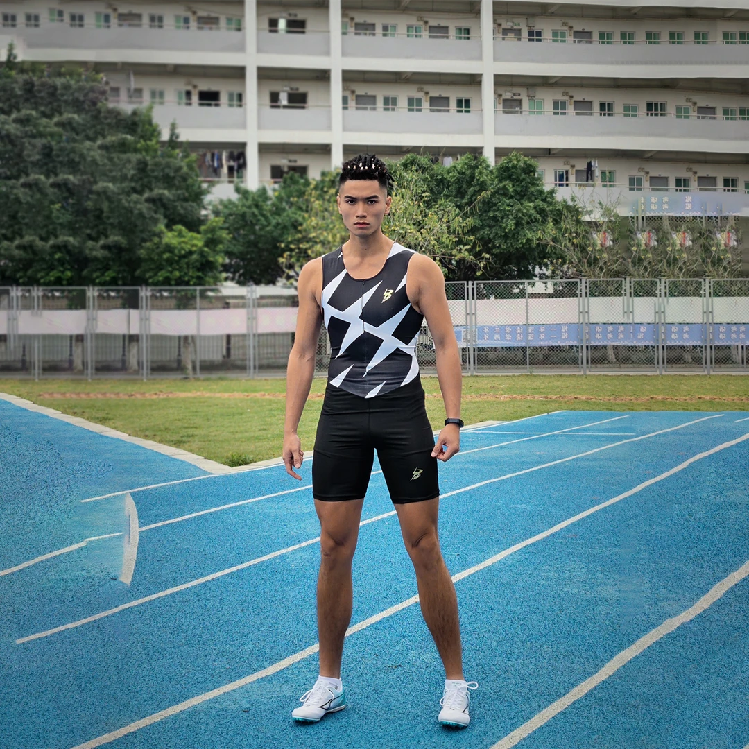 PB体育生比赛连体衣体育测试短跑紧身弹力速干带拉链训练跑步健身