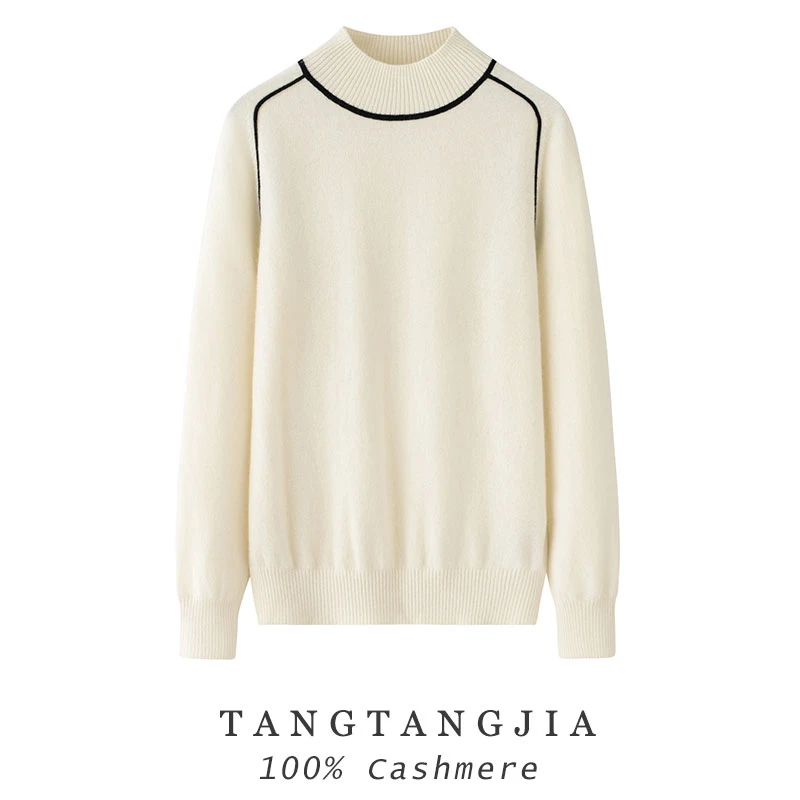 内蒙古纯山羊绒女秋冬半高领拼色宽松针织打底衫保暖通勤套头毛衣