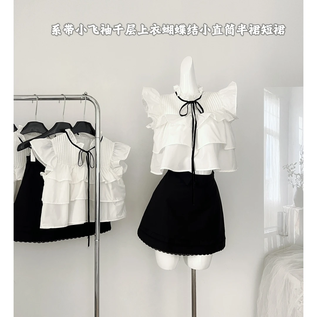 24/ss 露思物语 系带小飞袖千层上衣蝴蝶结小直筒半裙短裙套装女
