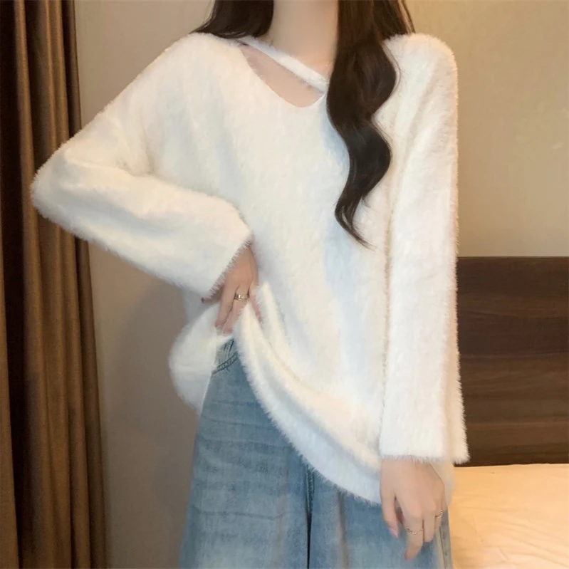 6662#大码水貂毛软糯上衣女秋冬新款外穿宽松奶呼呼V领针织毛衣
