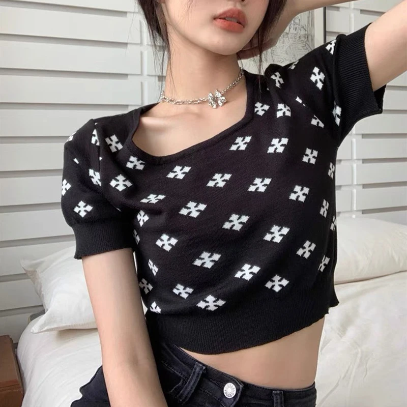 7381针织提花方领黑色短袖女夏设计感小众高腰修身露脐短款上衣