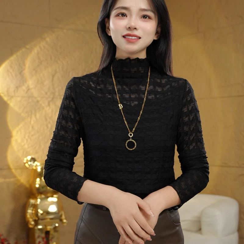 822新款蕾丝打底衫半高领时尚百搭显瘦