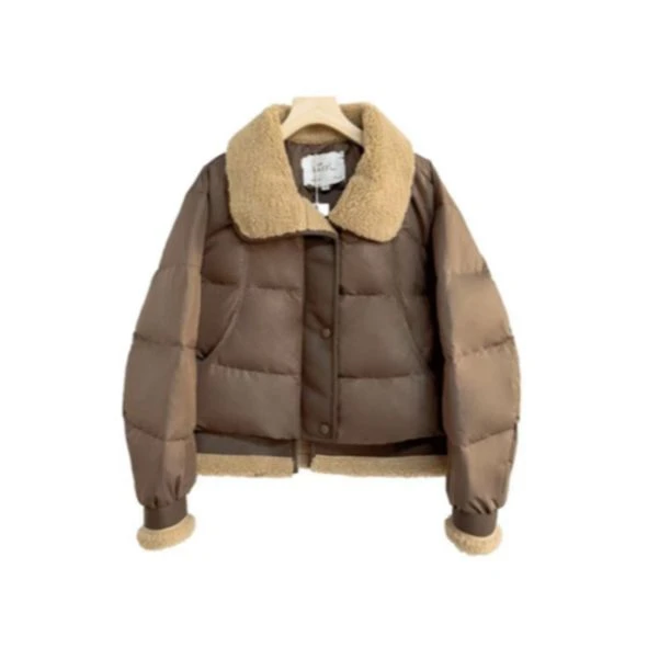 【钟铭粉丝专属】“法国的季节”羊羔毛拼接皮革羽绒服6229