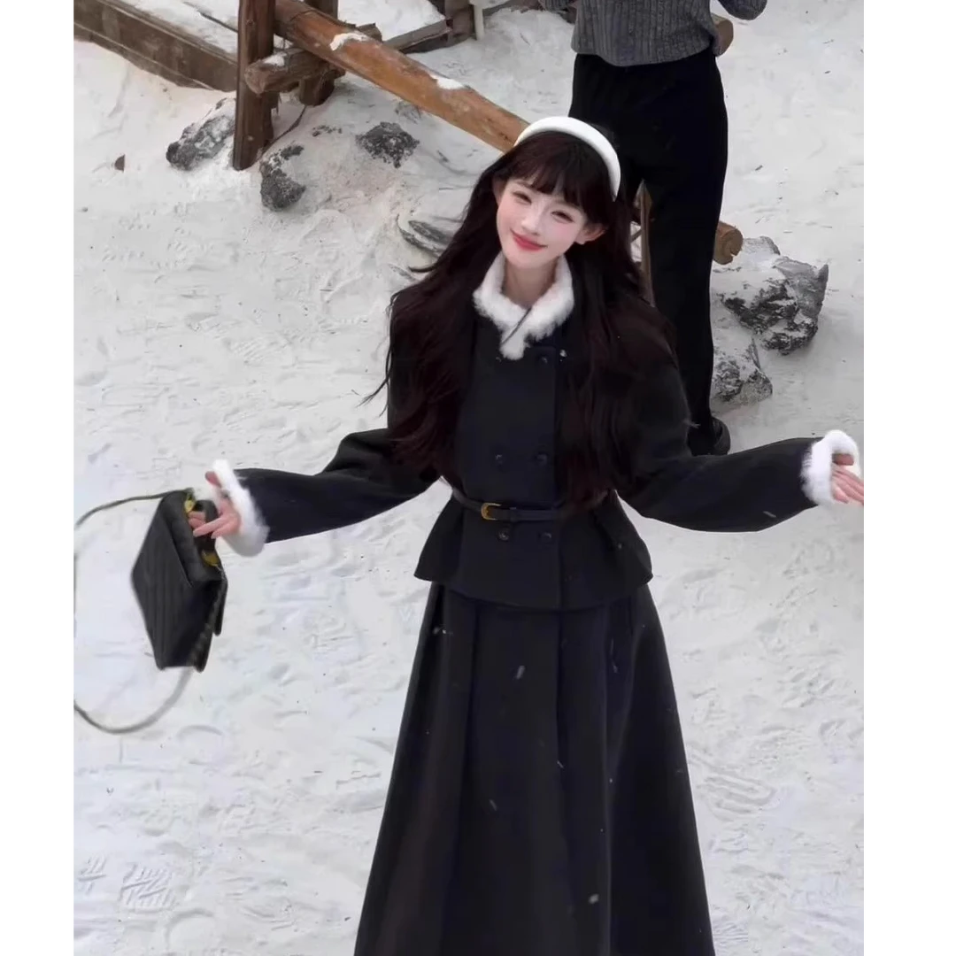 赫本风高级感气质毛领外套百褶半身裙两件套装韩系搭配一整套冬装
