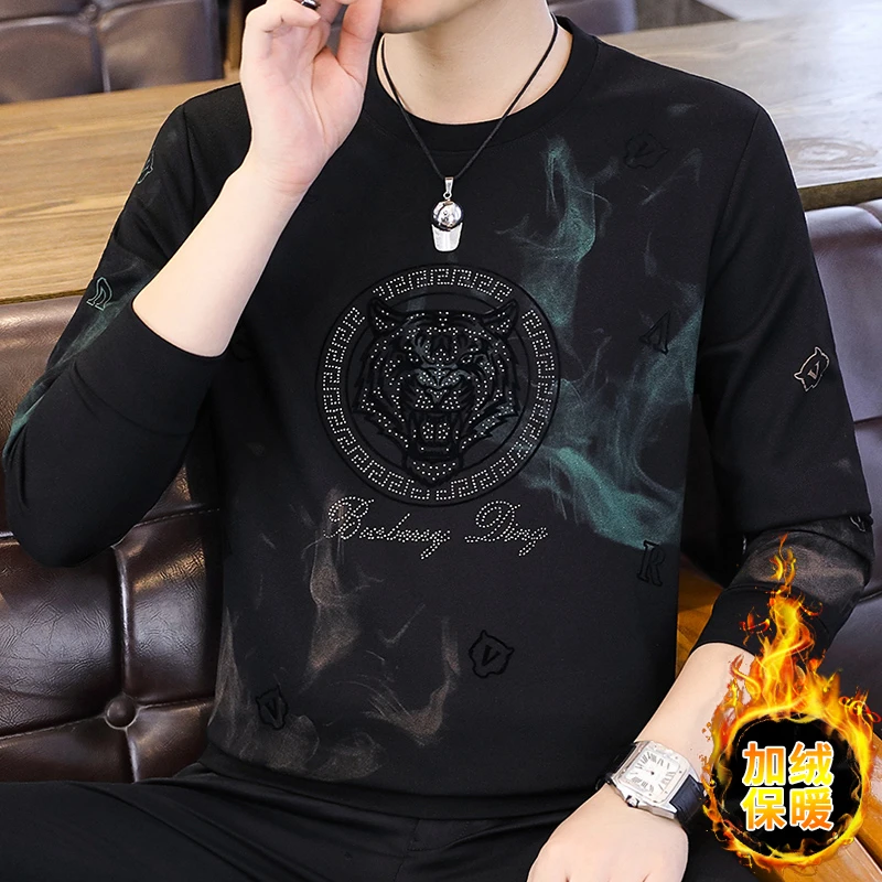2024秋冬季霸气虎头男士圆领卫衣休闲加绒保暖打底衫青年长袖t恤
