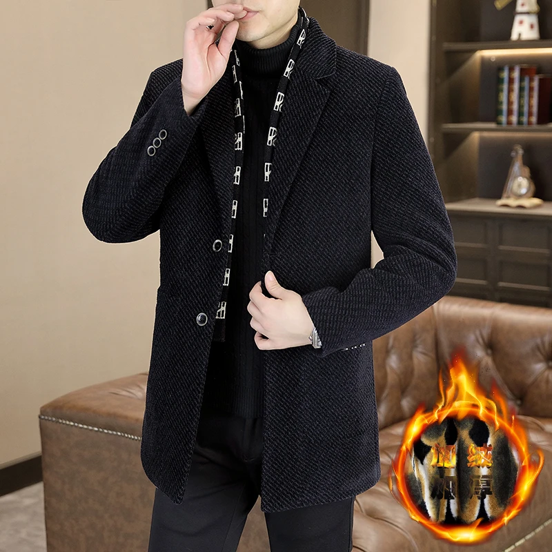 佐梵森冬季男士加绒加厚毛呢夹克时尚翻领中长款风衣外套西装大衣