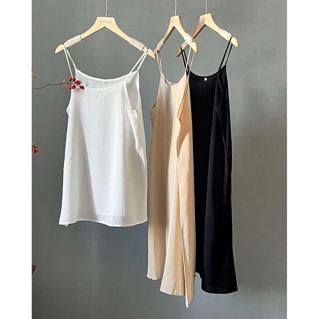纯色夏季百搭棉绸打底吊带上衣无袖长裙法式休闲宽松白色024