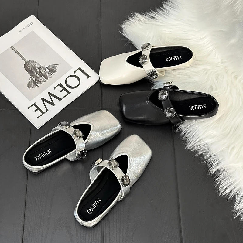 2024年夏季新款高级感包头半拖女平底方头时尚百搭亮钻凉拖鞋子女