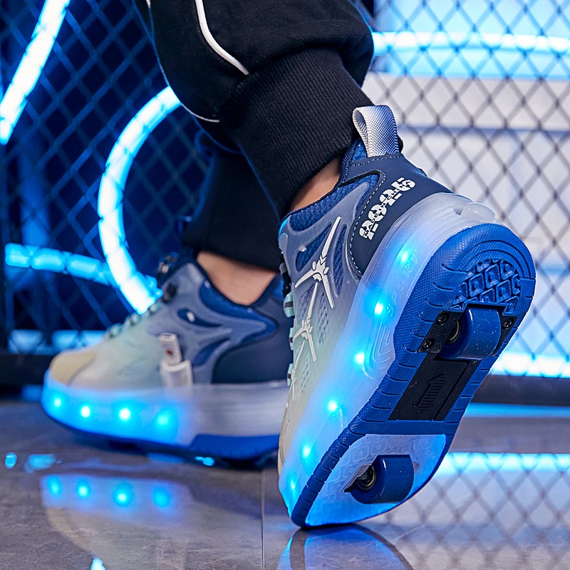 暴走鞋双轮男童亮灯轮滑鞋2025新款女童网面皮面两用运动鞋儿童鞋