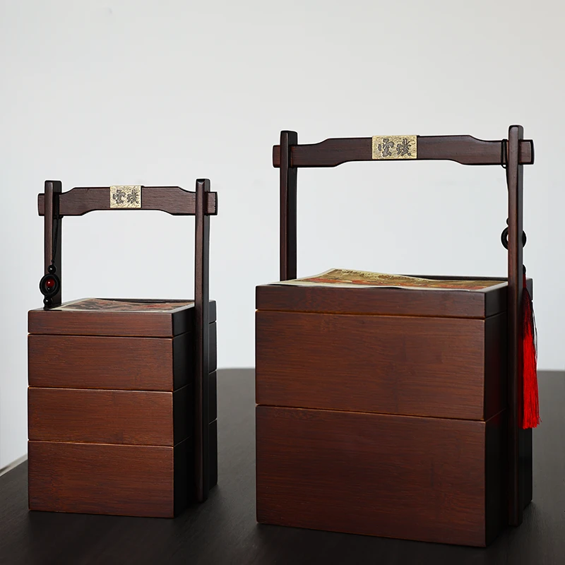 竹制手提篮中式食盒茶具收纳盒双层三层大容量茶点干果盒便携式