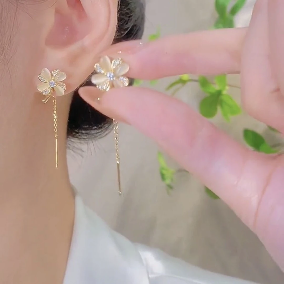 合金耳饰 花朵闪闪流苏耳线防丢耳饰猫眼石四叶草女超仙精致气质