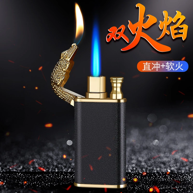 渐变冷暖色系双火浮雕鳄鱼打火机防风充气创意个性送男友礼物潮流