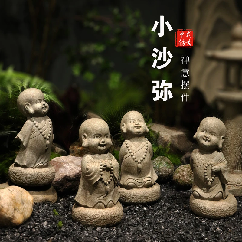 中式庭院花园布置禅意沙弥小和尚景观露台造景入户玄关装饰品摆件