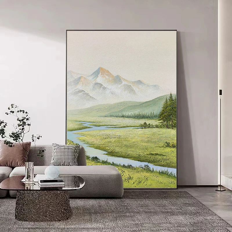 北欧清新绿色山水风景画日照金山抽象装饰画沙发背景墙大幅落地画