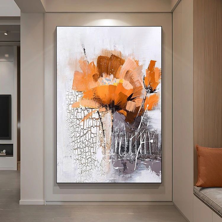 走廊玄关装饰画高端入户过道挂画竖版现代简约手绘油画花卉轻奢画