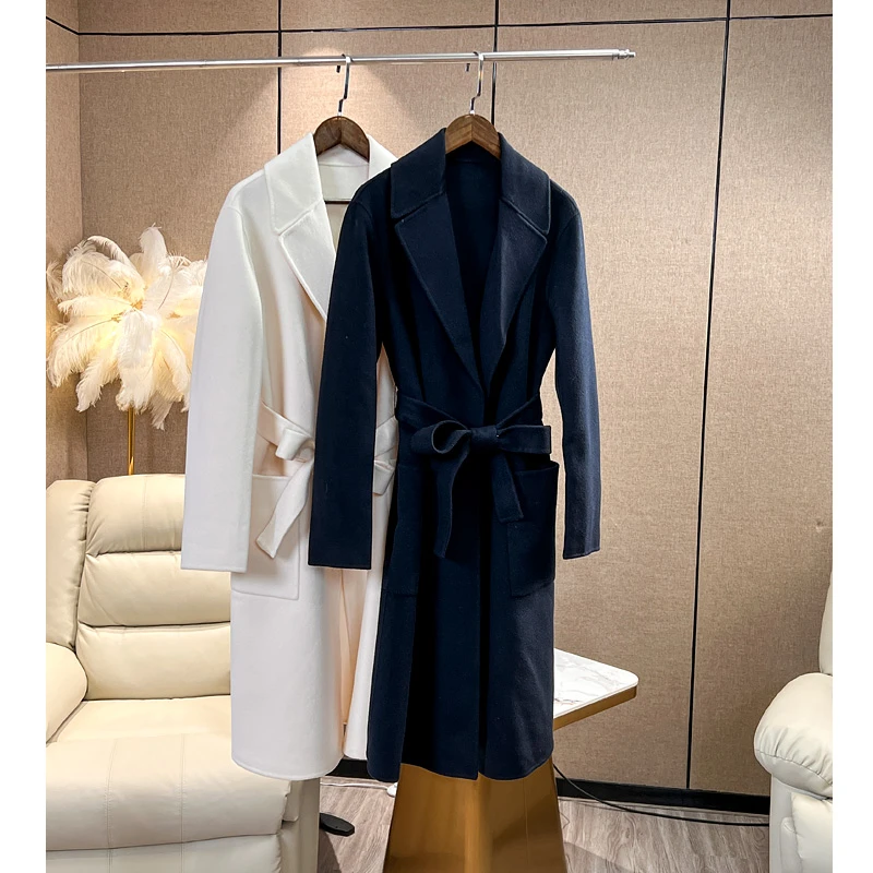 两色！长款纯色细带双面呢大衣外套