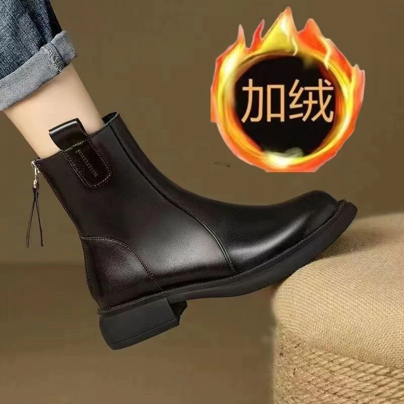 【视频】软底真皮马丁靴女2023秋冬新款加绒粗跟轻便切尔西靴2309