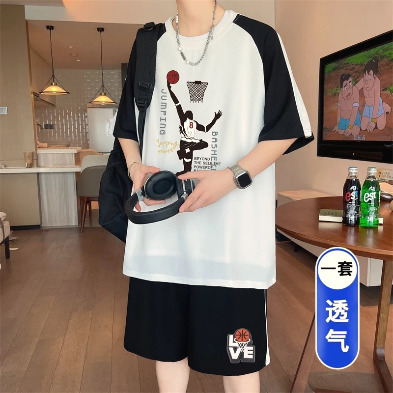 初高中印花圆领透气华夫格短袖青少年中大童学生休闲运动百搭半袖