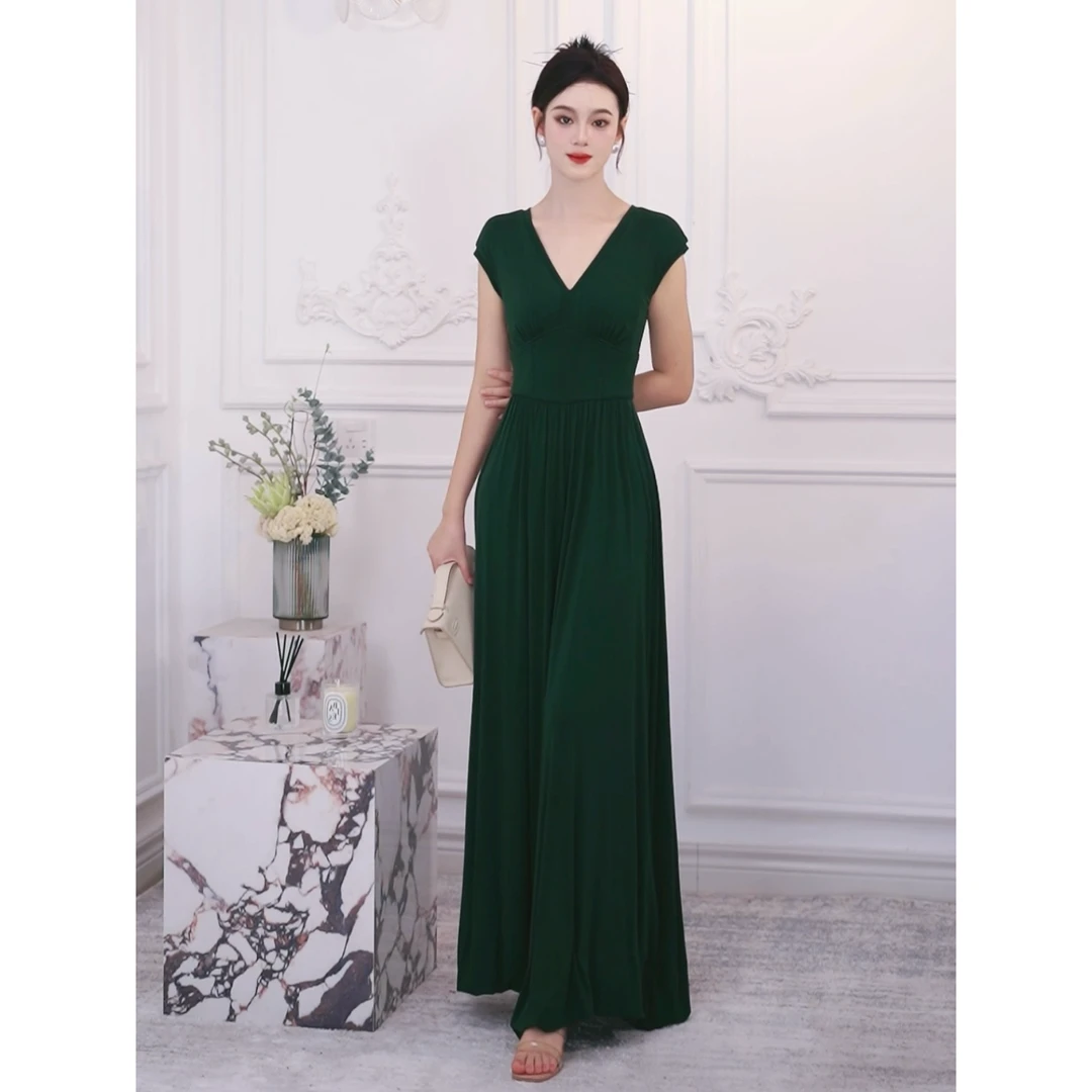 ZHAOMU 气质优雅墨绿色收腰显瘦轻奢修身长款名媛v领连衣裙