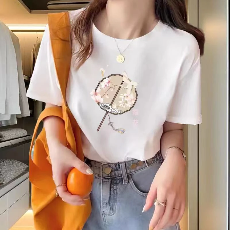 2024中国风白色国潮时尚女款短袖t恤休闲半袖薄款精梳棉【非刺绣】