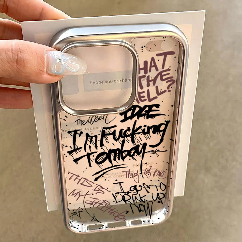 涂鸦英文适用苹果15Promax手机壳iPhone14电镀13软硅胶12高级11