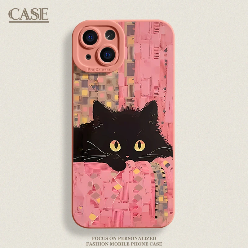 粉色布黑猫iPhone15ProMax手机壳14苹果13硅胶12全包78p女11xs/xr