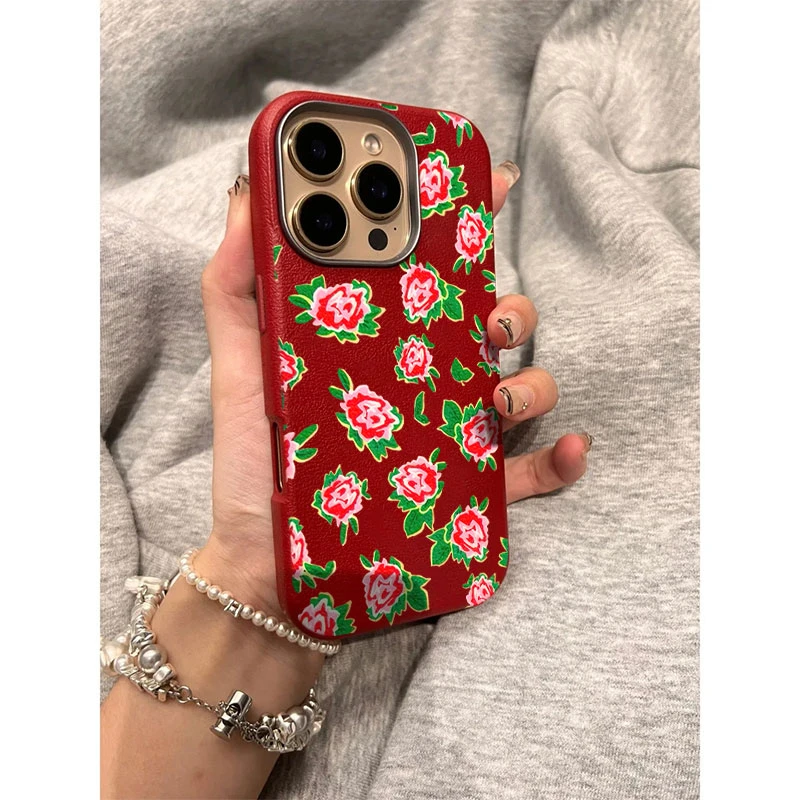 东北大花布适用苹果16 ProMax手机壳荔枝纹iphone1514高级131211